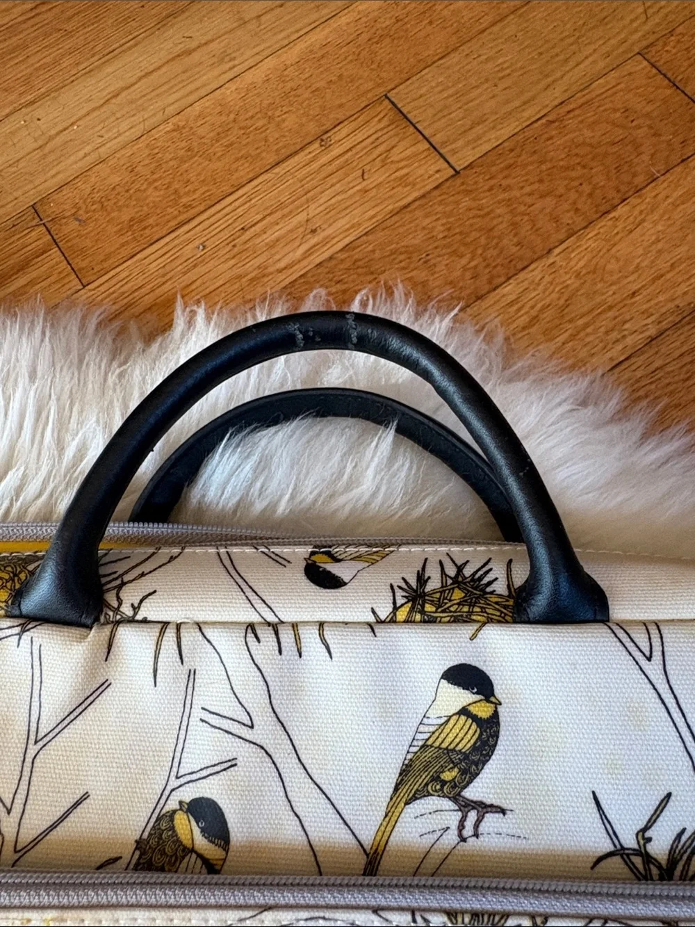 Danica Studios Canvas Bird-Print Laptop Bag in Cream and Mustard